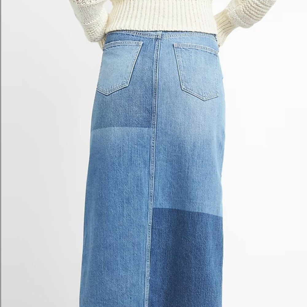 {GAP} Patchwork Midi Denim Skirt | Side Slit ~ Size 26